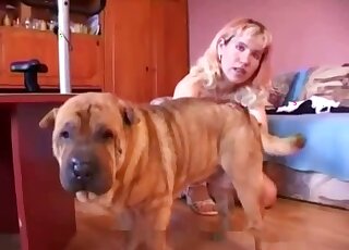 High heels-wearing zoophile with pink streaks blows a brown dog