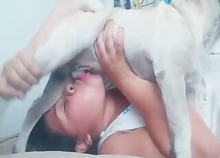 Terrific oral and vaginal domination with horny lady dressed in white