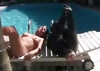 Naughty brunette stuffs a dildo in her pussy next to a monkey